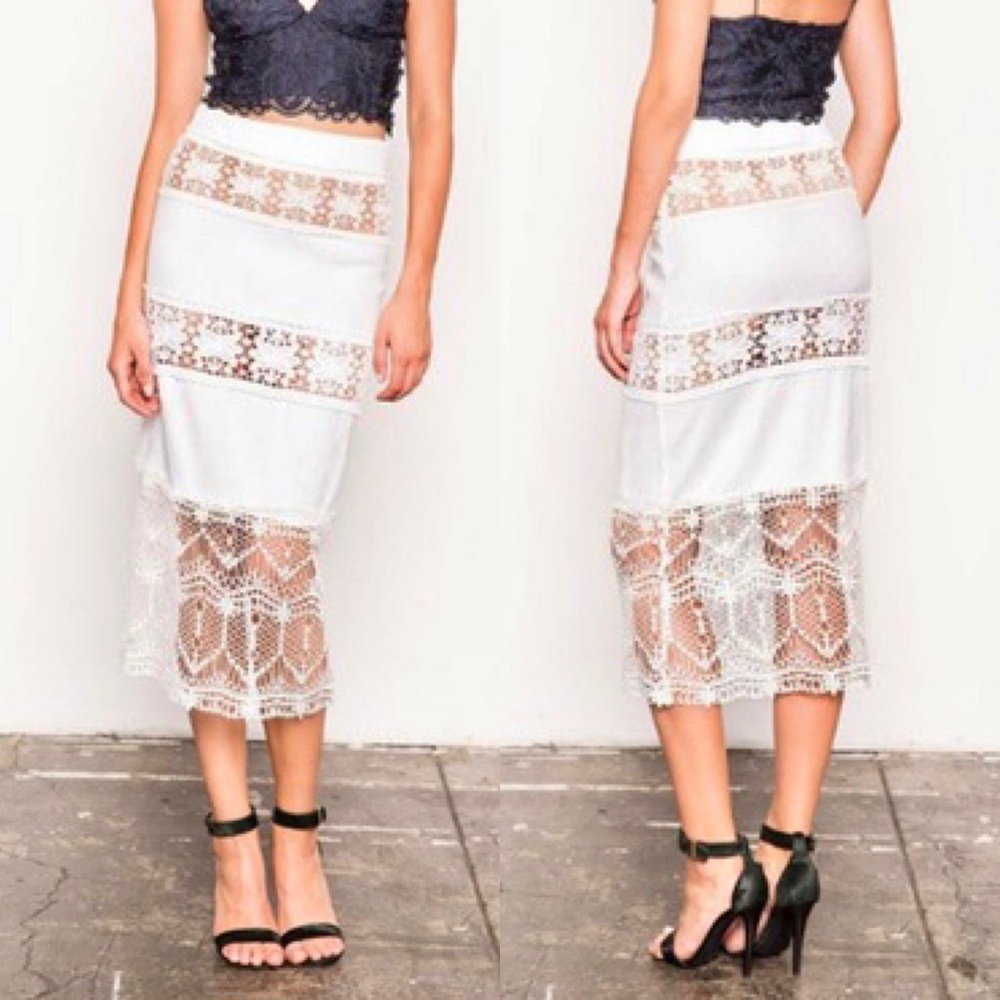 STONE COLD FOX Fate Linen Lace Pencil Midi Skirt in White